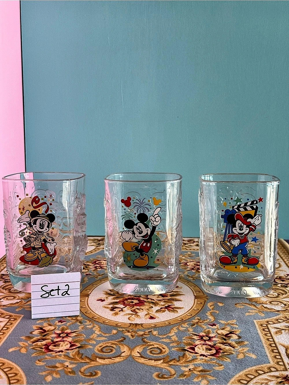 McDonalds Disney Mickey Mouse 2000 glasses Set of 3 Clear & Red